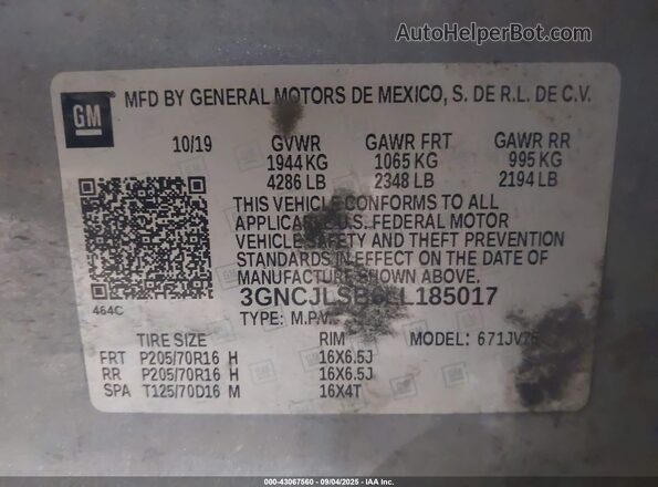 3GNCJLSB6LL185017 2020 CHEVROLET TRAX Gray Widok komory silnika