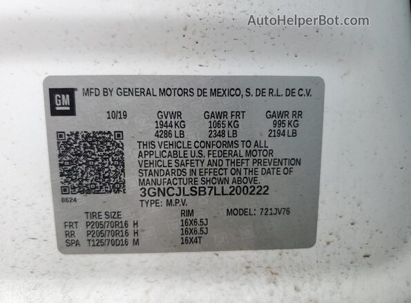 3GNCJLSB7LL200222 2020 CHEVROLET TRAX White Вид наклейки з VIN-кодом