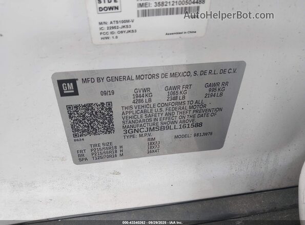 3GNCJMSB9LL161588 2020 CHEVROLET TRAX White Vista del compartimento del motor