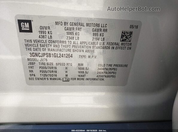 3GNCJPSB1GL241264 2016 CHEVROLET TRAX Silver Вид підкапотного простору
