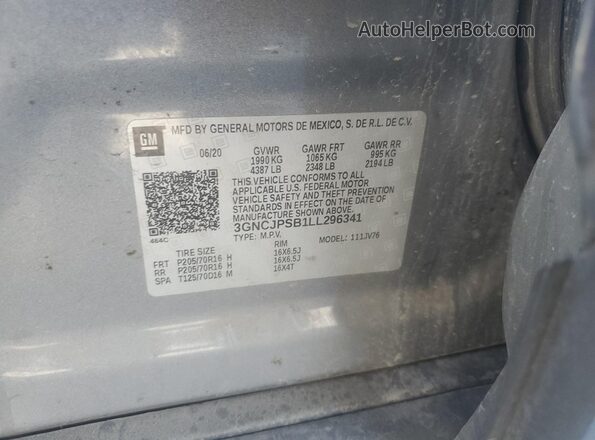 3GNCJPSB1LL296341 2020 CHEVROLET TRAX Gray Vista de la etiqueta del VIN