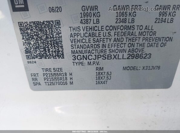 3GNCJPSBXLL298623 2020 CHEVROLET TRAX White Vista del compartimento del motor