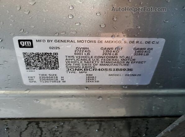 3GNKBCR40SS188936 2025 CHEVROLET BLAZER Gray VIN կոդի պիտակի տեսք