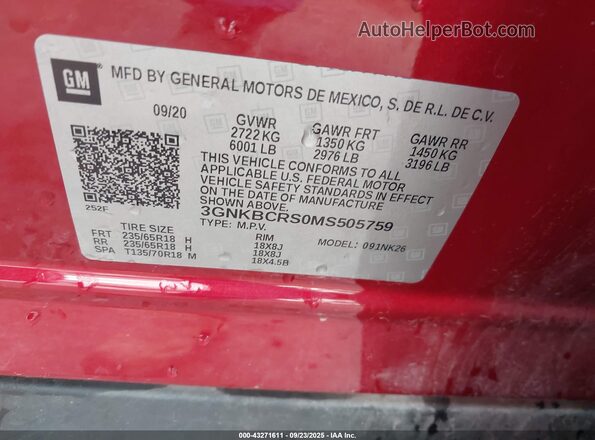 3GNKBCRS0MS505759 2021 CHEVROLET BLAZER Red Vista del compartimento del motor