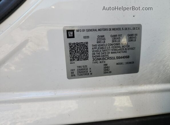 3GNKBCRS1LS644068 2020 CHEVROLET BLAZER White VIN կոդի պիտակի տեսք