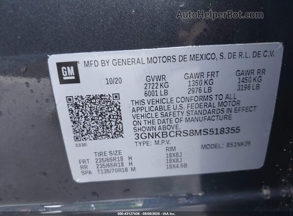 3GNKBCRS8MS518355 2021 CHEVROLET BLAZER Gray Շարժիչի բաժամունքի տեսք
