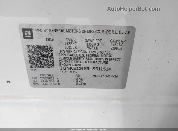 3GNKBCRS9LS611514 2020 CHEVROLET BLAZER White Engine compartment view