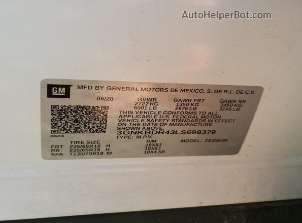 3GNKBDR43LS698379 2020 CHEVROLET BLAZER White Սալոնի 360 աստիճան տեսք