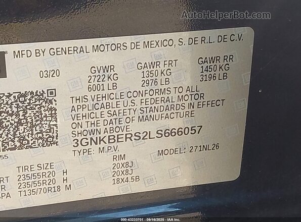 3GNKBERS2LS666057 2020 CHEVROLET BLAZER Black Engine compartment view