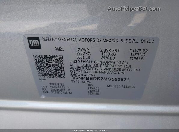 3GNKBERS7MS560821 2021 CHEVROLET BLAZER Silver Vista del compartimento del motor