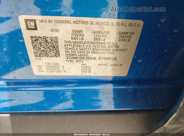 3GNKBERS8LS708618 2020 CHEVROLET BLAZER Light Blue Շարժիչի բաժամունքի տեսք