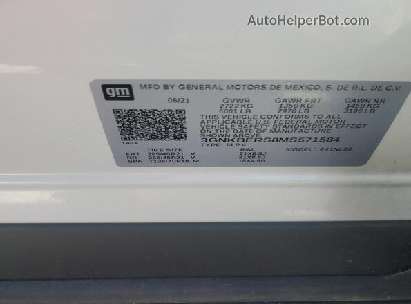 3GNKBERS8MS571584 2021 CHEVROLET BLAZER White 