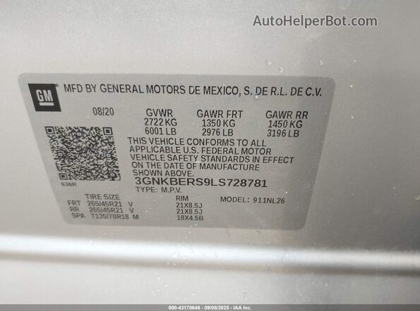 3GNKBERS9LS728781 2020 CHEVROLET BLAZER Silver Widok komory silnika