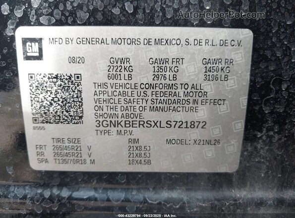 3GNKBERSXLS721872 2020 CHEVROLET BLAZER Black Vista del compartimento del motor