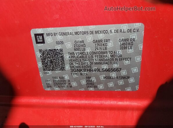 3GNKBHR49LS665667 2020 CHEVROLET BLAZER Red Vista del compartimento del motor