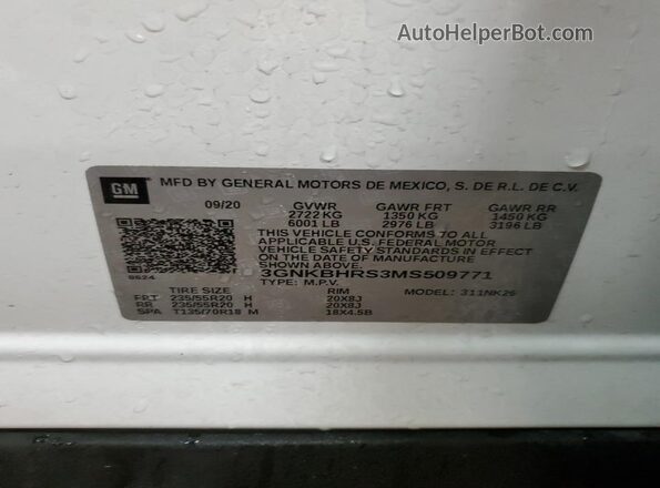 3GNKBHRS3MS509771 2021 CHEVROLET BLAZER White Widok naklejki z numerem VIN