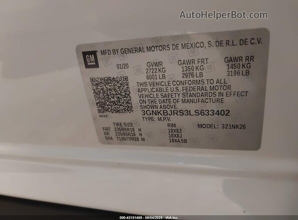 3GNKBJRS3LS633402 2020 CHEVROLET BLAZER White Engine compartment view