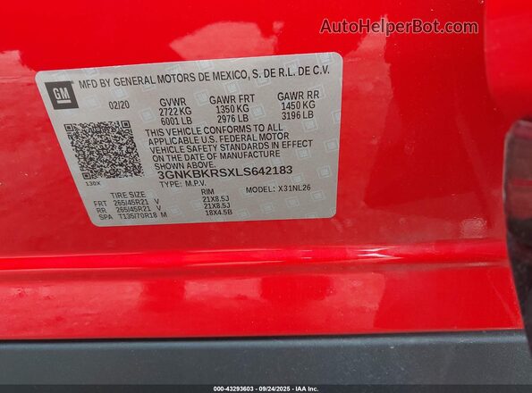 3GNKBKRSXLS642183 2020 CHEVROLET BLAZER Red Շարժիչի բաժամունքի տեսք