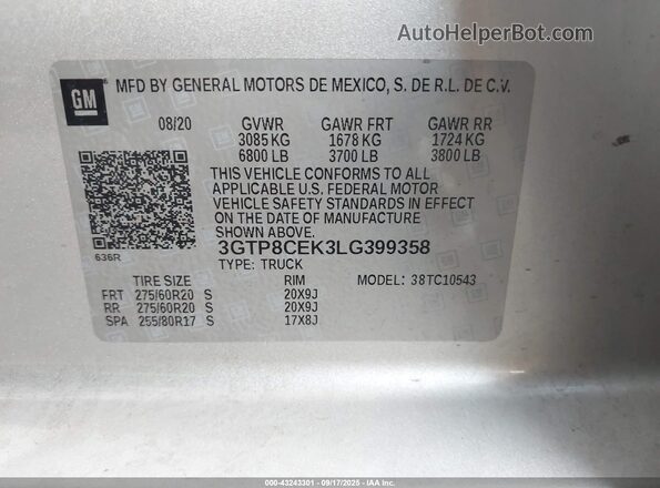 3GTP8CEK3LG399358 2020 GMC SIERRA Silver Вид підкапотного простору