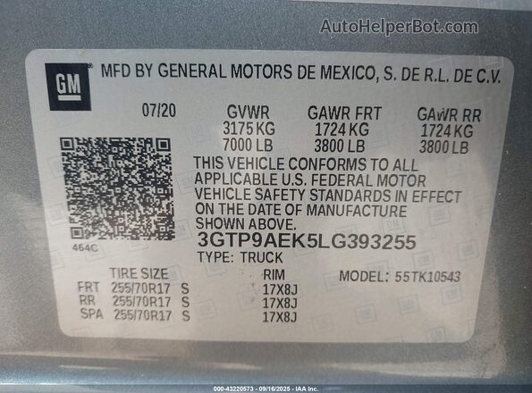 3GTP9AEK5LG393255 2020 GMC SIERRA Gray Engine compartment view