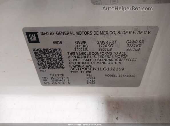 3GTP9BEK1LG132159 2020 GMC SIERRA White Շարժիչի բաժամունքի տեսք