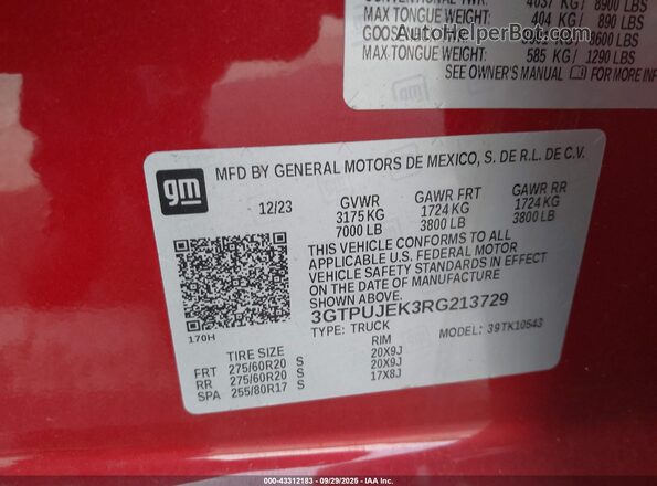 3GTPUJEK3RG213729 2024 GMC SIERRA Red Widok komory silnika