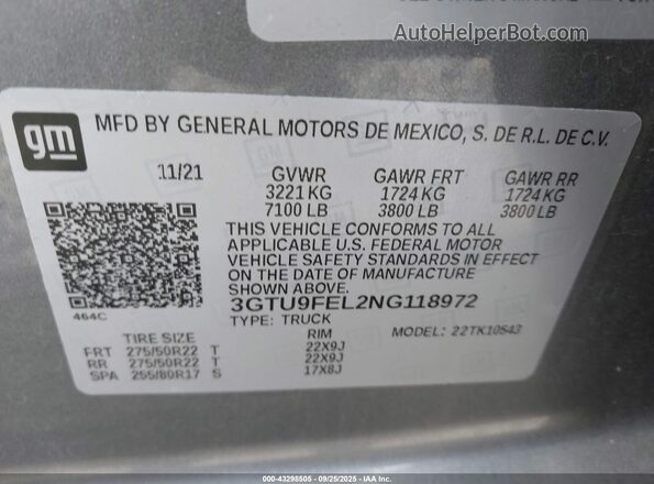 3GTU9FEL2NG118972 2022 GMC SIERRA Серый Вид подкапотного пространства