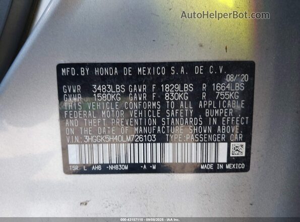 3HGGK5H40LM726103 2020 HONDA FIT Gray Вид підкапотного простору