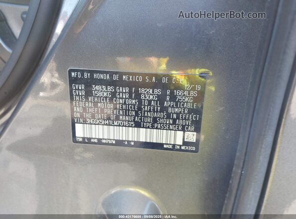 3HGGK5H41LM701615 2020 HONDA FIT Gray Շարժիչի բաժամունքի տեսք