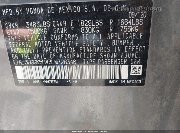 3HGGK5H43LM728346 2020 HONDA FIT Gray Vista del compartimento del motor
