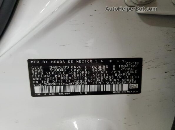 3HGGK5H46JM735238 2018 HONDA FIT White Вид наклейки з VIN-кодом