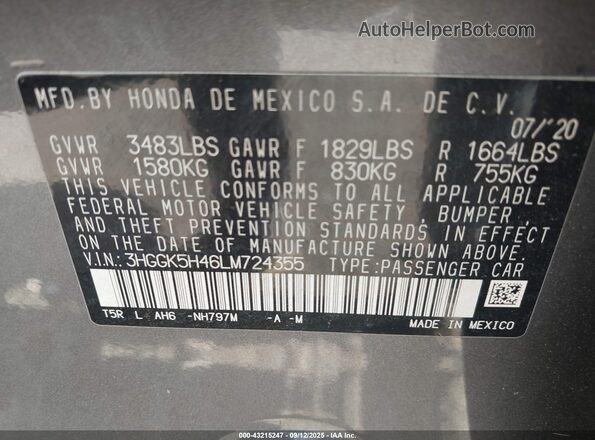3HGGK5H46LM724355 2020 HONDA FIT Gray Շարժիչի բաժամունքի տեսք