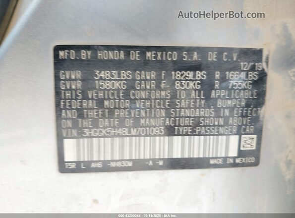 3HGGK5H48LM701093 2020 HONDA FIT Silver Вид підкапотного простору