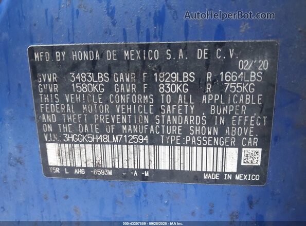 3HGGK5H48LM712594 2020 HONDA FIT Синий Вид подкапотного пространства