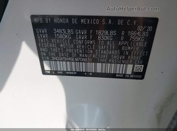 3HGGK5H49LM708831 2020 HONDA FIT White Vista del compartimento del motor