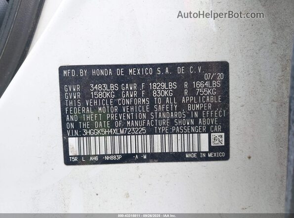 3HGGK5H4XLM723225 2020 HONDA FIT White Widok komory silnika