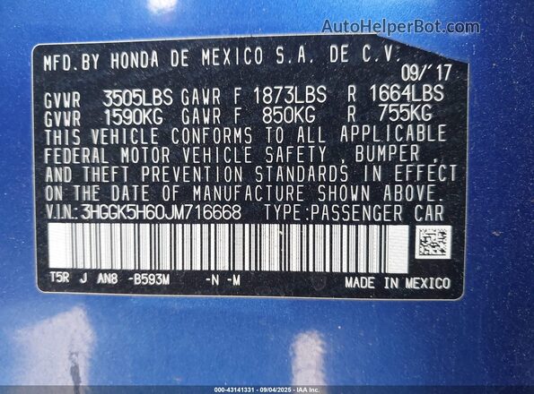 3HGGK5H60JM716668 2018 HONDA FIT Blue 