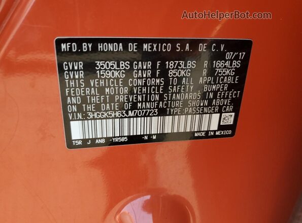 3HGGK5H63JM707723 2018 HONDA FIT Оранжевый 
