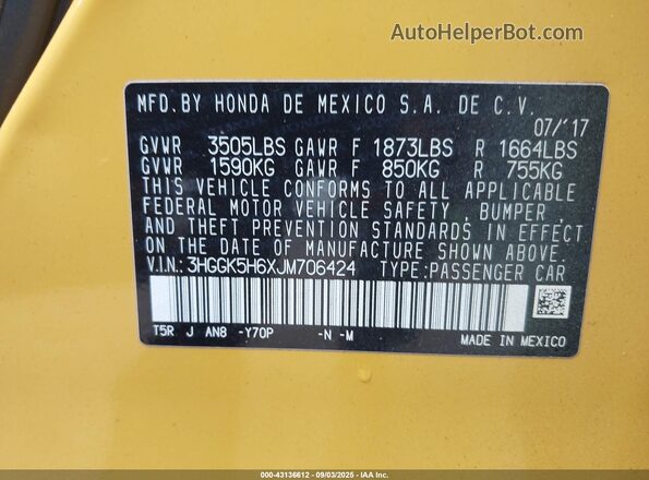 3HGGK5H6XJM706424 2018 HONDA FIT Yellow 