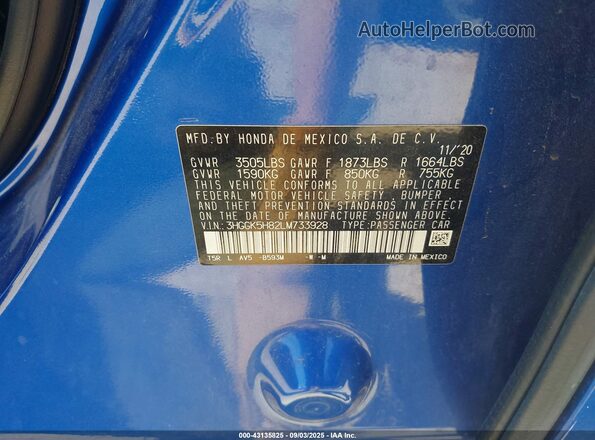 3HGGK5H82LM733928 2020 HONDA FIT Blue Vista del compartimento del motor