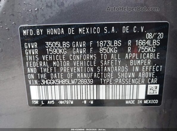 3HGGK5H85LM726939 2020 HONDA FIT Gray Շարժիչի բաժամունքի տեսք