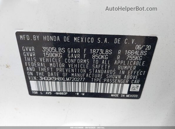 3HGGK5H8XLM720277 2020 HONDA FIT White Widok komory silnika