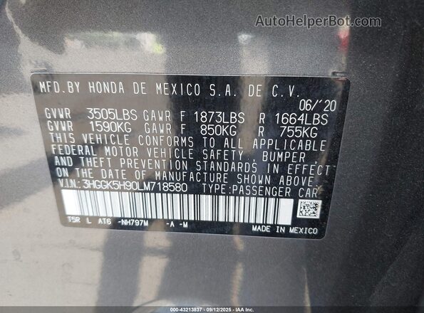 3HGGK5H90LM718580 2020 HONDA FIT Gray Widok komory silnika