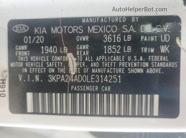 3KPA24AD0LE314251 2020 KIA RIO Белый Вид подкапотного пространства