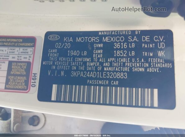 3KPA24AD1LE320883 2020 KIA RIO Белый Вид подкапотного пространства