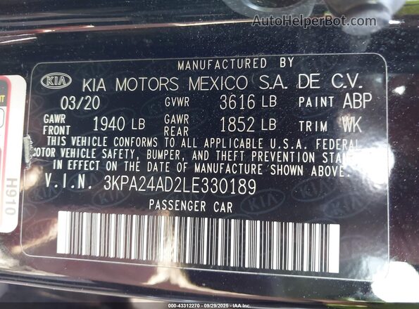 3KPA24AD2LE330189 2020 KIA RIO Black Vista del compartimento del motor