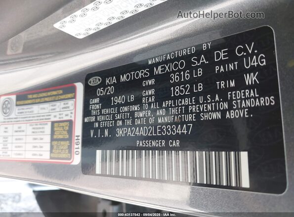 3KPA24AD2LE333447 2020 KIA RIO Gray Vista del compartimento del motor