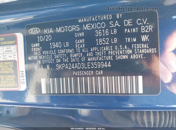 3KPA24AD3LE359944 2020 KIA RIO Синий Вид подкапотного пространства