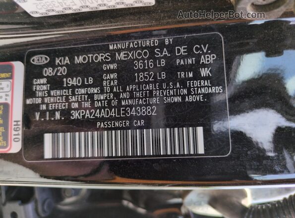 3KPA24AD4LE343882 2020 KIA RIO Black Engine compartment view
