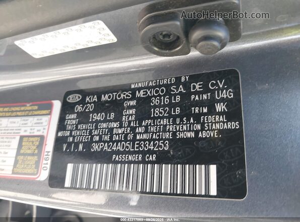 3KPA24AD5LE334253 2020 KIA RIO Gray Շարժիչի բաժամունքի տեսք